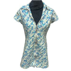 Vintage Paris Blues Denim Dress Medium Floral Full Zip Up Retro Y2K Midi Spring